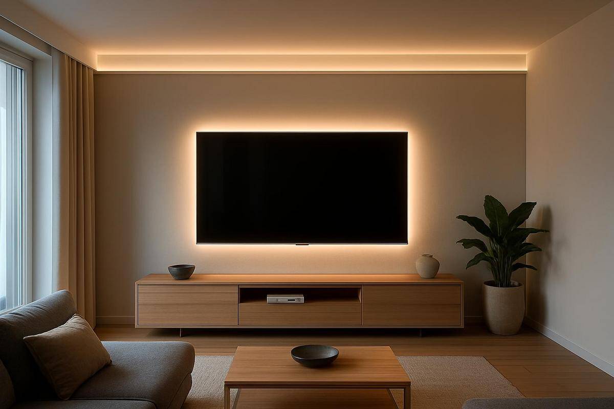 ruban LED rétroéclairage derrière écran TV et en corniche pour créer des zones lumineuses dans un salon en longueur