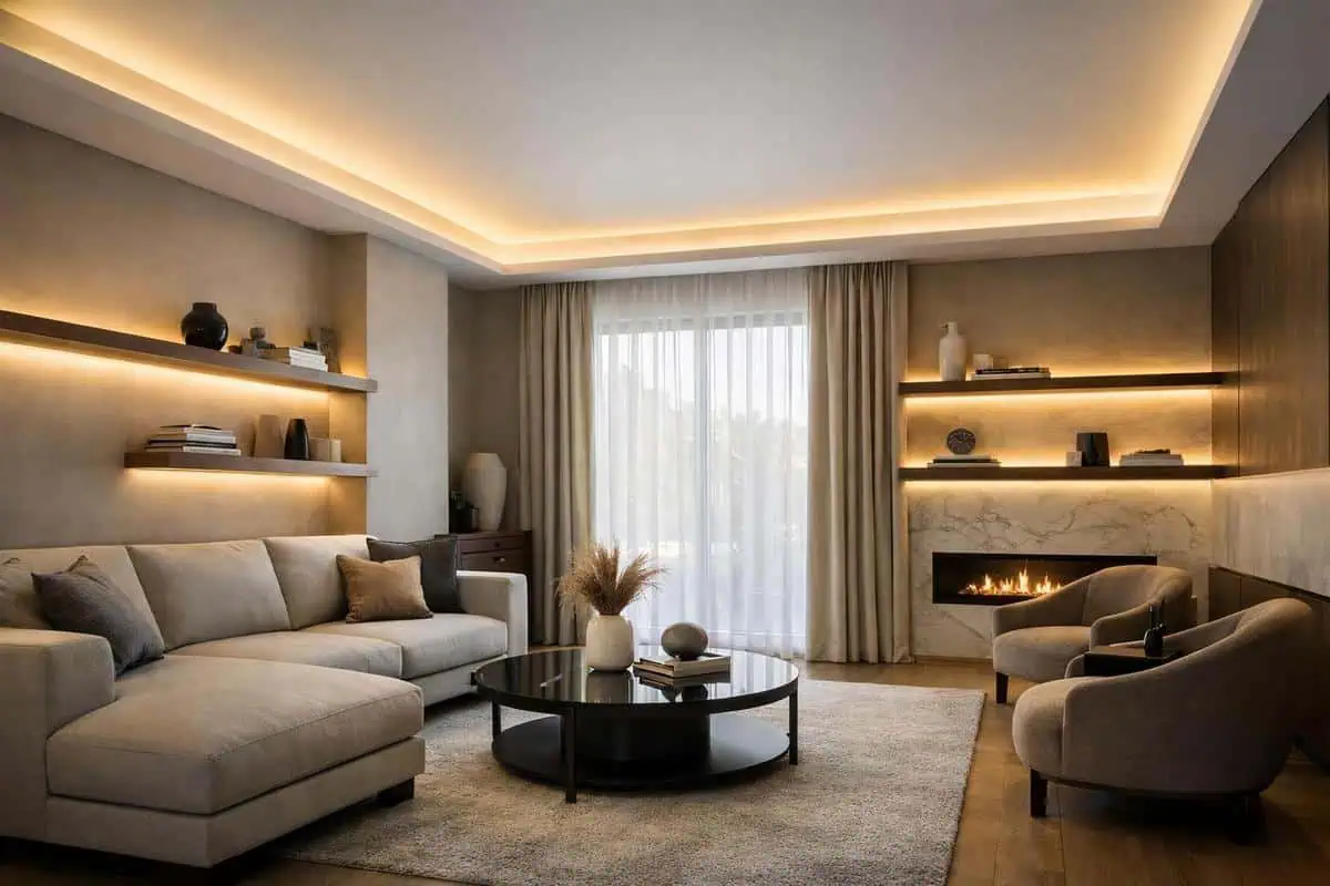 rubans LED sous étagères et corniches pour salon carré avec effet de levitation lumineuse