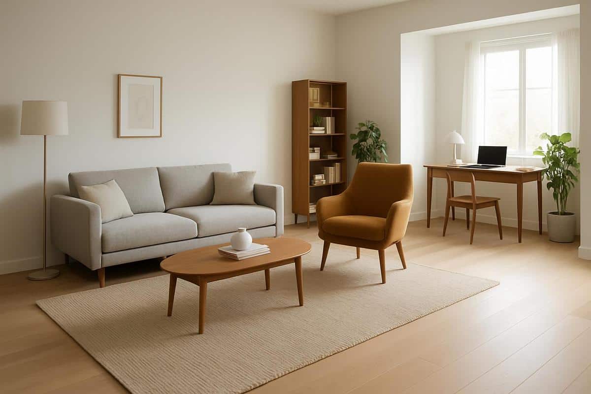 plan d'aménagement salon en longueur divisé en 3 zones fonctionnelles salon lecture bureau