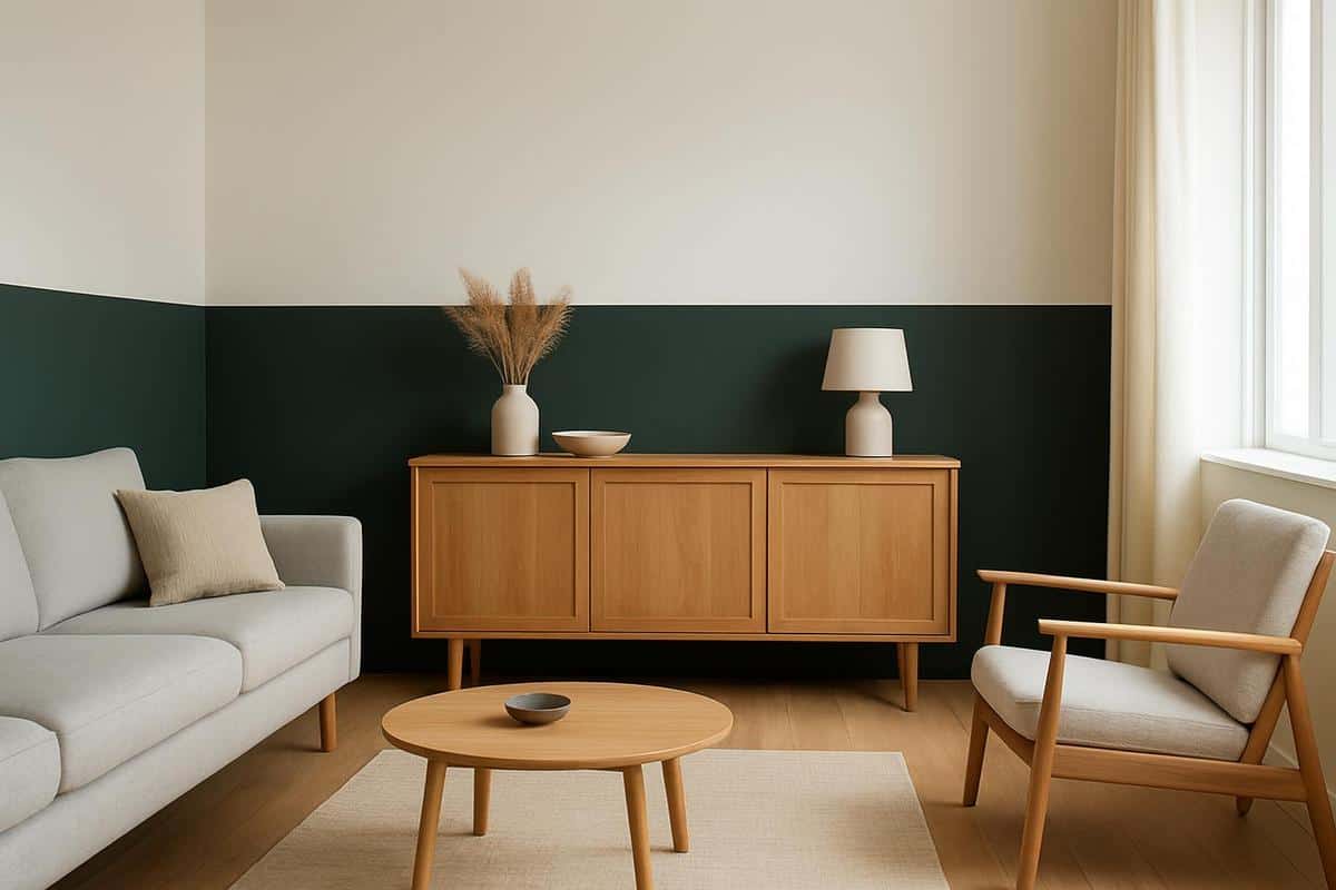 soubassement peinture partielle salon en longueur contraste teinte foncée bas de mur vert bouteille bleu nuit et haut de mur clair style scandinave