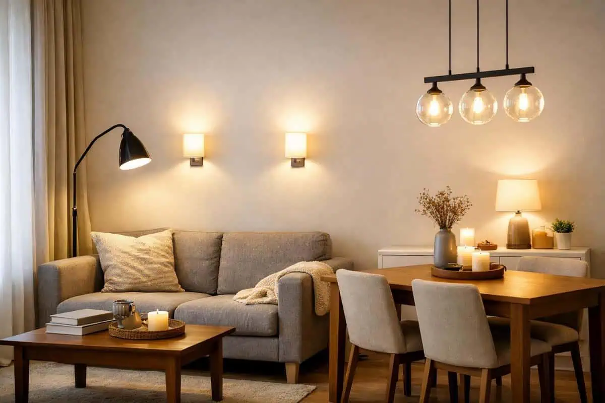 Stratification lumineuse avec lampadaire appliques et lampes d'appoint pour aménager salon salle à manger 20m2