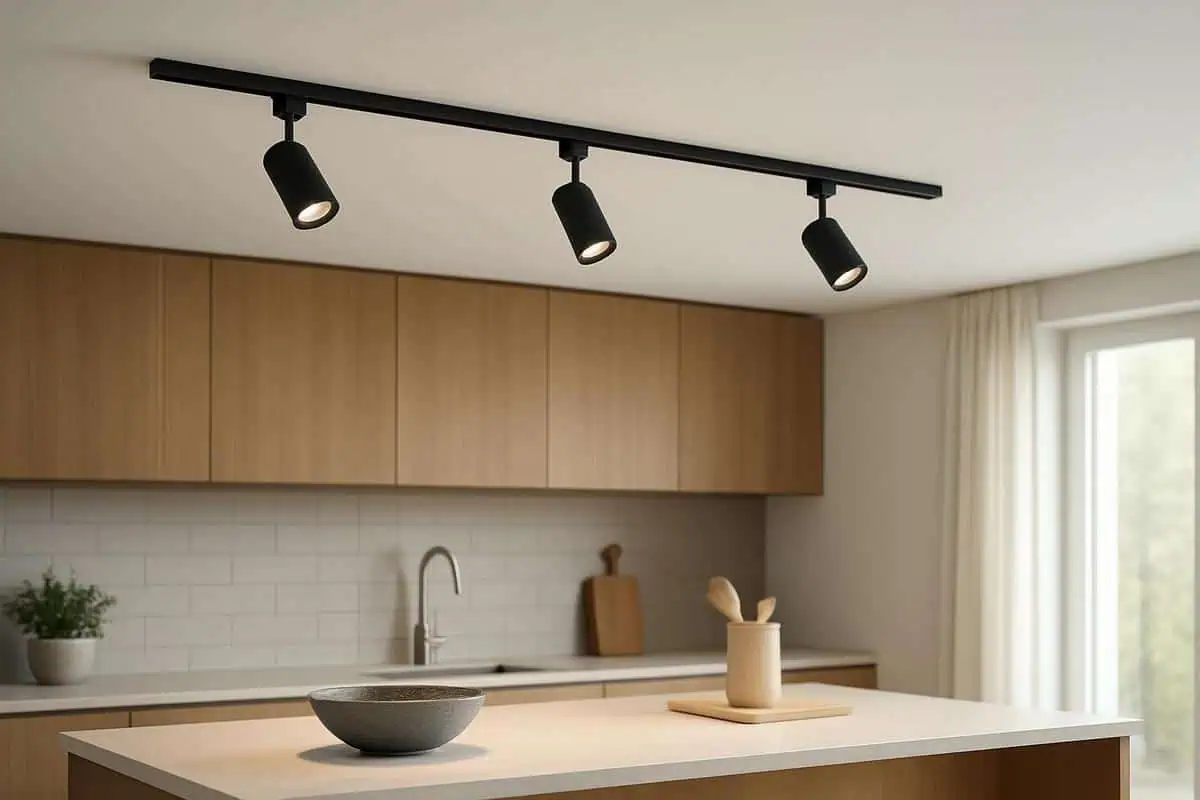 Système de spots sur rails LED dimmable noir mat à hauteur 2,20 m pour éclairage décoratif îlot cuisine ouverte, orientation précise sans ombre portée