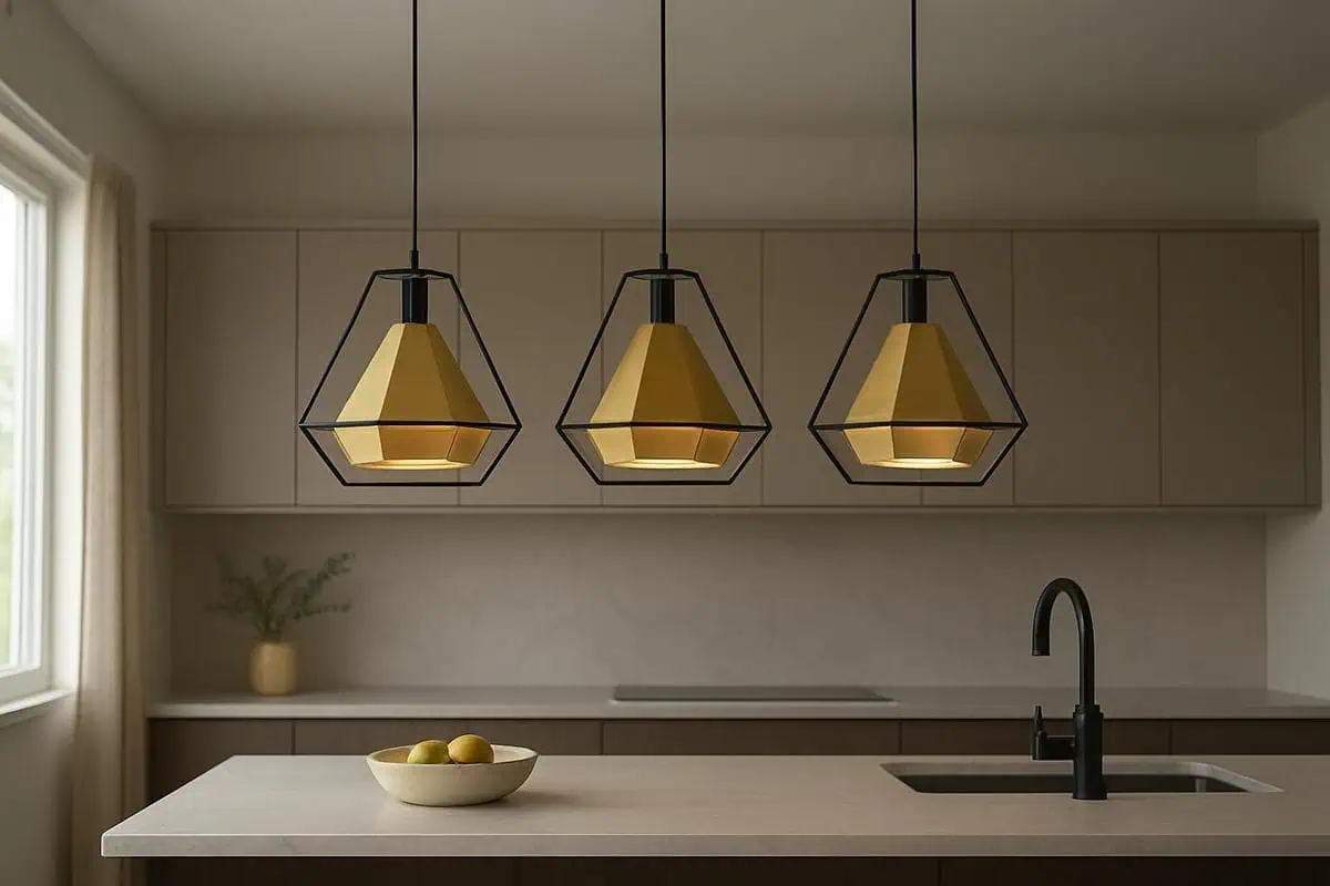 Suspensions géométriques design en laiton brossé et métal noir mat au-dessus d'un îlot de cuisine ouverte, luminaires Muuto Tom Dixon pour éclairage décoratif harmonieux
