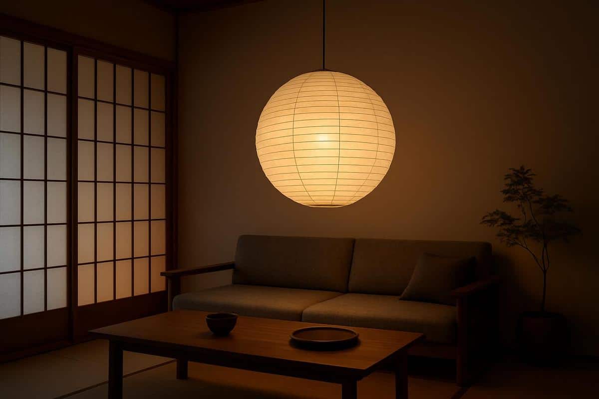 suspension en papier washi ronde lumiere chaude tamisee pour salon japonais zen, lampe style Noguchi Akari eclairage deco japonais