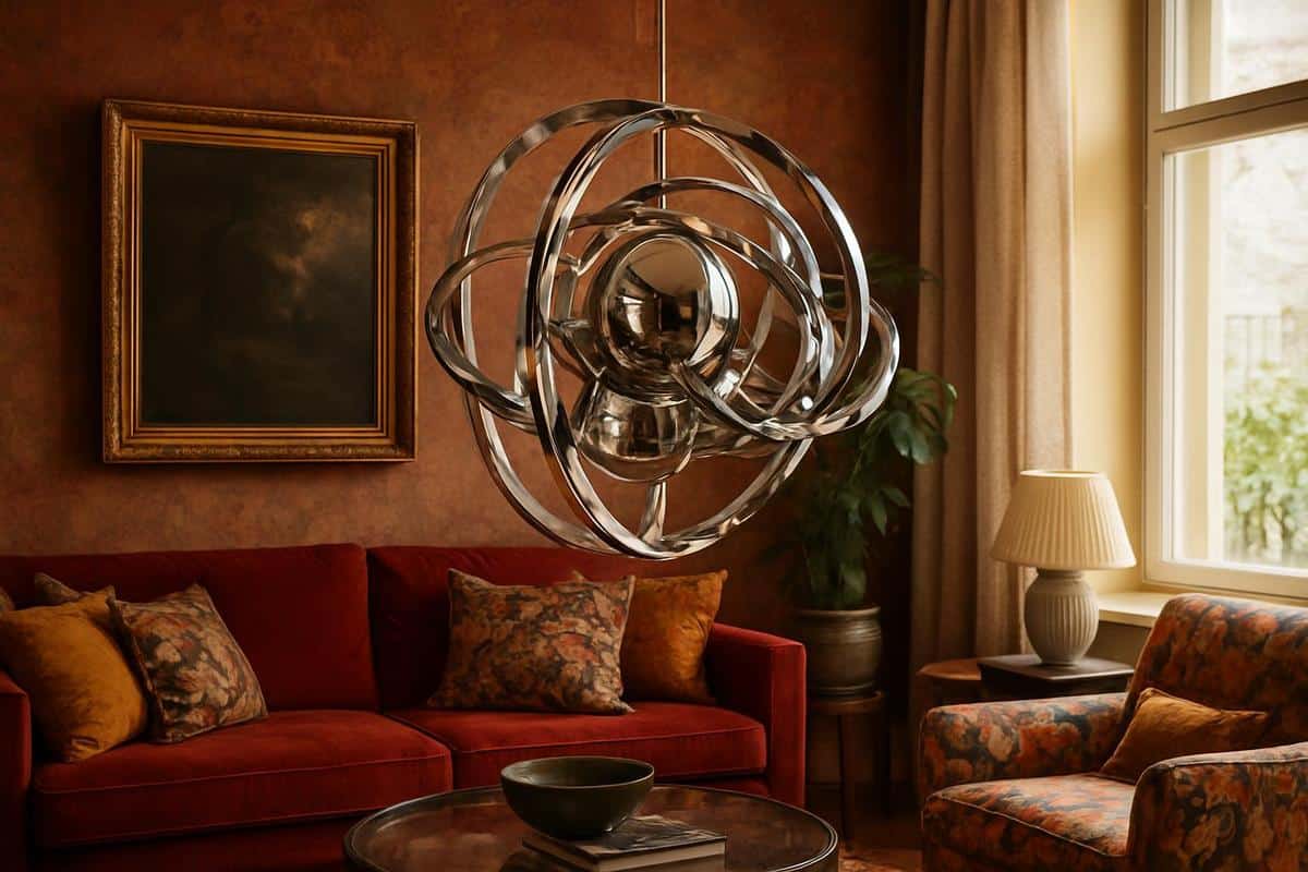 Suspension sculpturale en acier inoxydable poli géométrie complexe sphères imbriquées salon maximaliste 2026 Catellani Smith Nuura