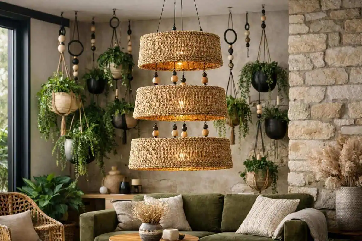 Suspensions en fibres naturelles raphia et jonc de mer à trois niveaux, matériaux bruts pour décoration jardin vertical salon bohème scandinave