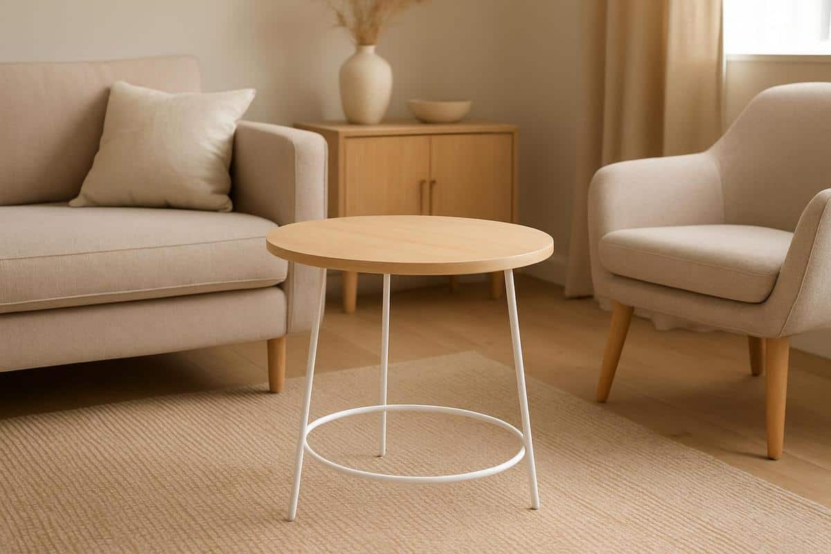 table d'appoint ronde bois clair bouleau piétement métal blanc style scandinave cosy idée déco salon beige