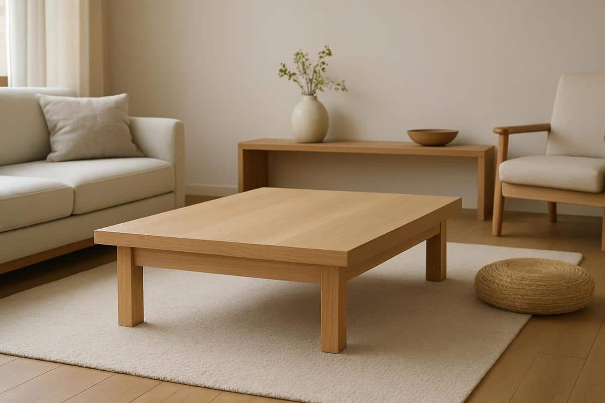 table basse en chêne massif clair à pieds courts style japonais pour déco salon zen