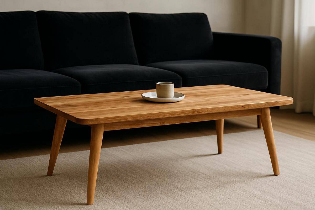 Table basse en bois massif clair style scandinave aux lignes épurées pour salon avec canapé noir