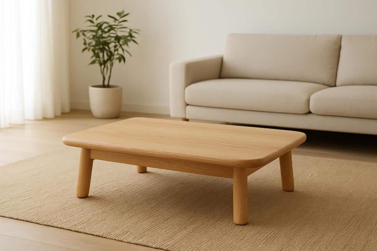 table basse en chêne clair bords arrondis style japonais minimaliste déco salon japonais