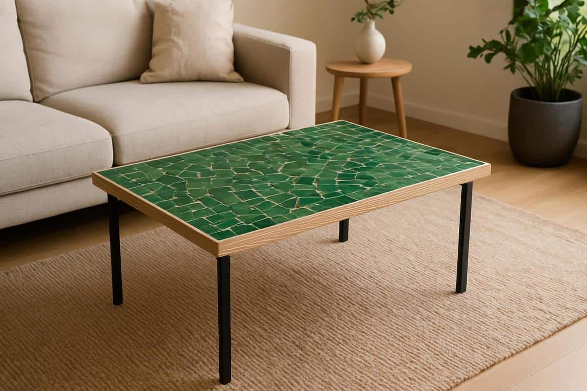 table basse DIY plateau contreplaqué habillé zellige vert opus incertum pieds métal noir mat décoration salon 2026