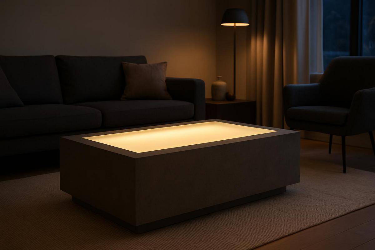 table basse lumineuse en béton ciré avec dalle LED intégrée dans le plateau pour salon design 2026 Slide Design Serralunga