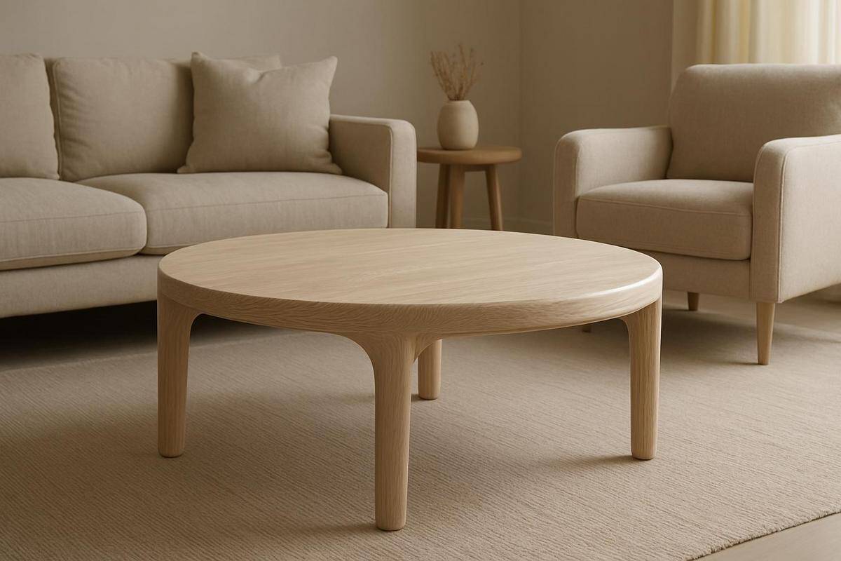 table basse ronde en chêne blanchi pour aménagement salon beige naturel et chaleureux