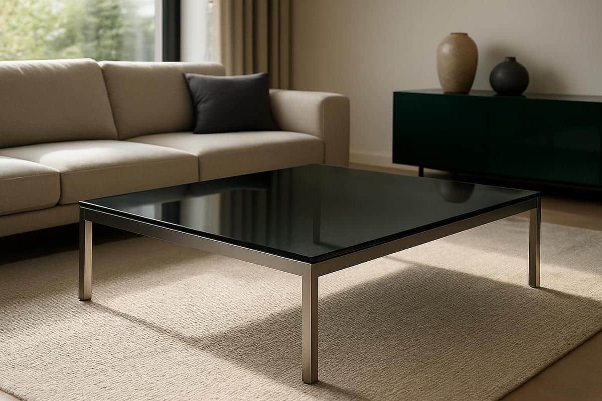 Table basse design salon 2026 plateau verre fumé 15mm structure inox brossé laqué brillant vert bouteille noir jais Roche Bobois Fiam