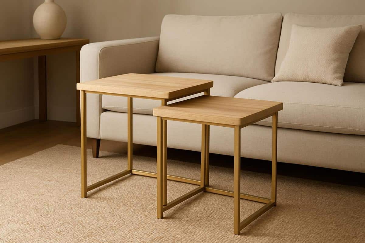 tables gigognes bois clair et laiton brossé comme bouts de canapé dans un salon beige tendance 2026