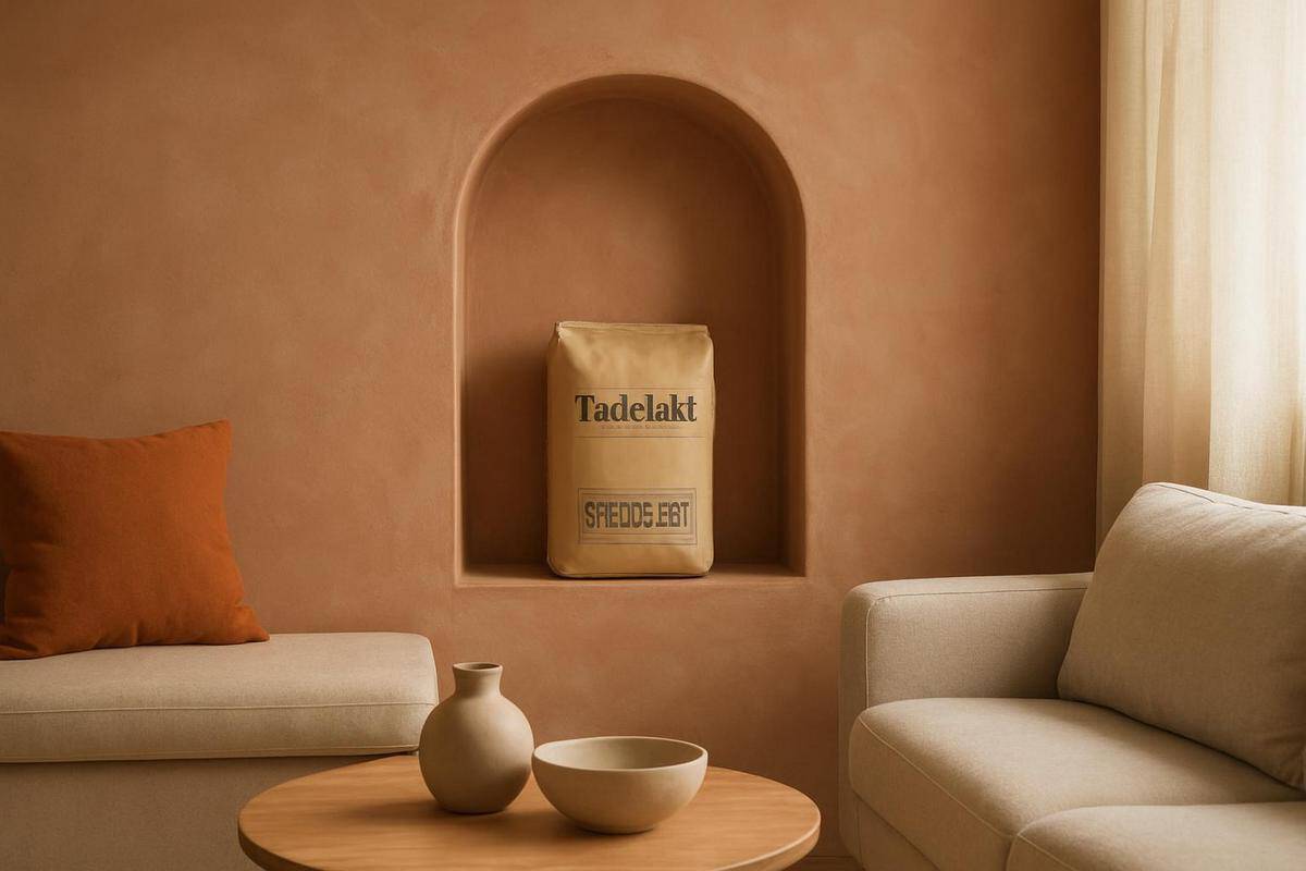 mur en tadelakt chaux naturelle ton terracotta avec niche arrondie organique dans un salon tendance 2026