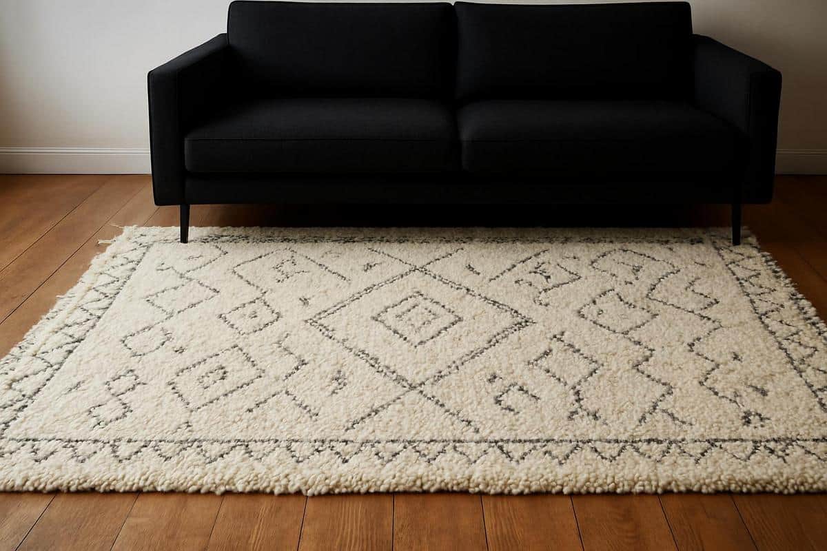 Tapis berbère Beni Ouarain laine brute motifs tribaux ivoire artisanal pour contraster le noir d'un canapé salon