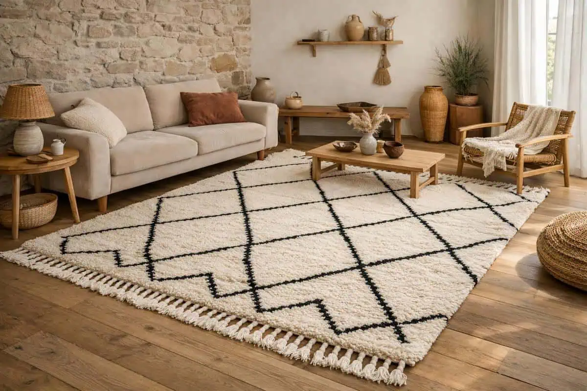 Tapis Beni Ouarain laine naturelle motifs géométriques noirs déco salon bohème scandinave accessoires ethniques