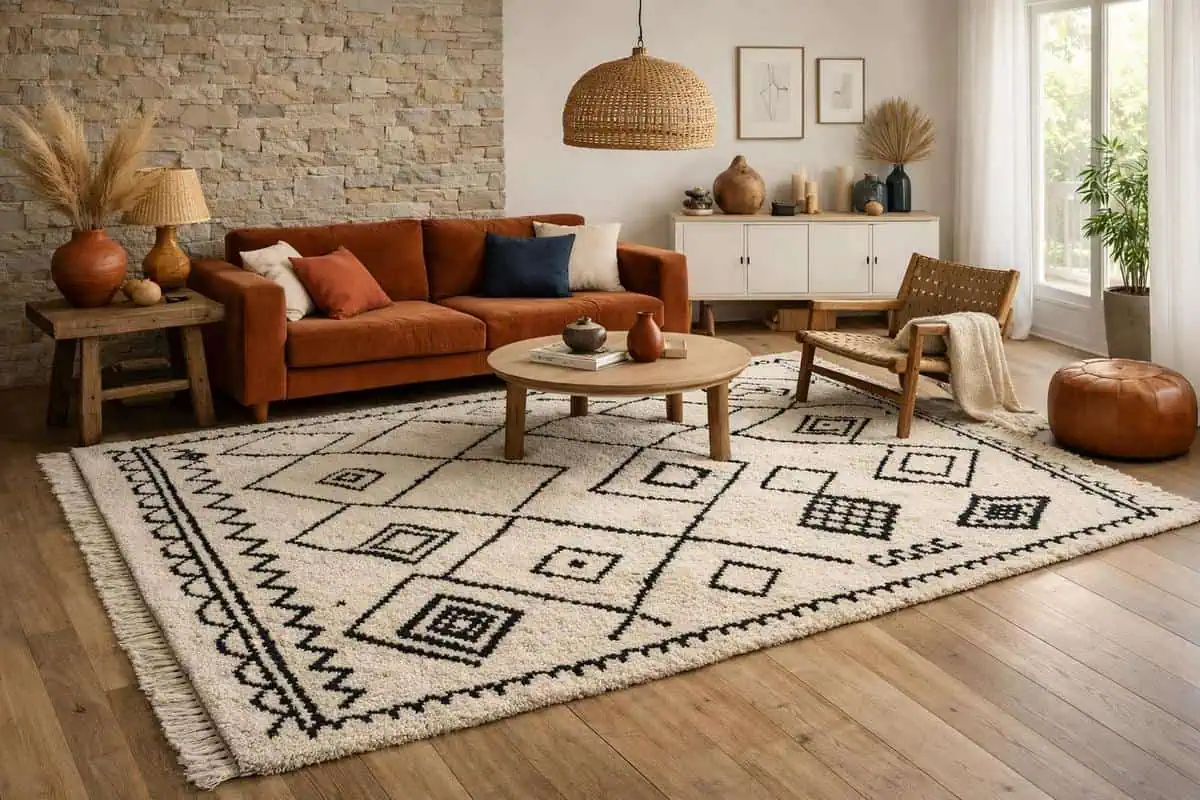 Tapis berbère Beni Ouarain aux motifs géométriques noirs et blancs, tapis à motifs ethniques en laine vierge pour décoration artisanale salon bohème scandinave