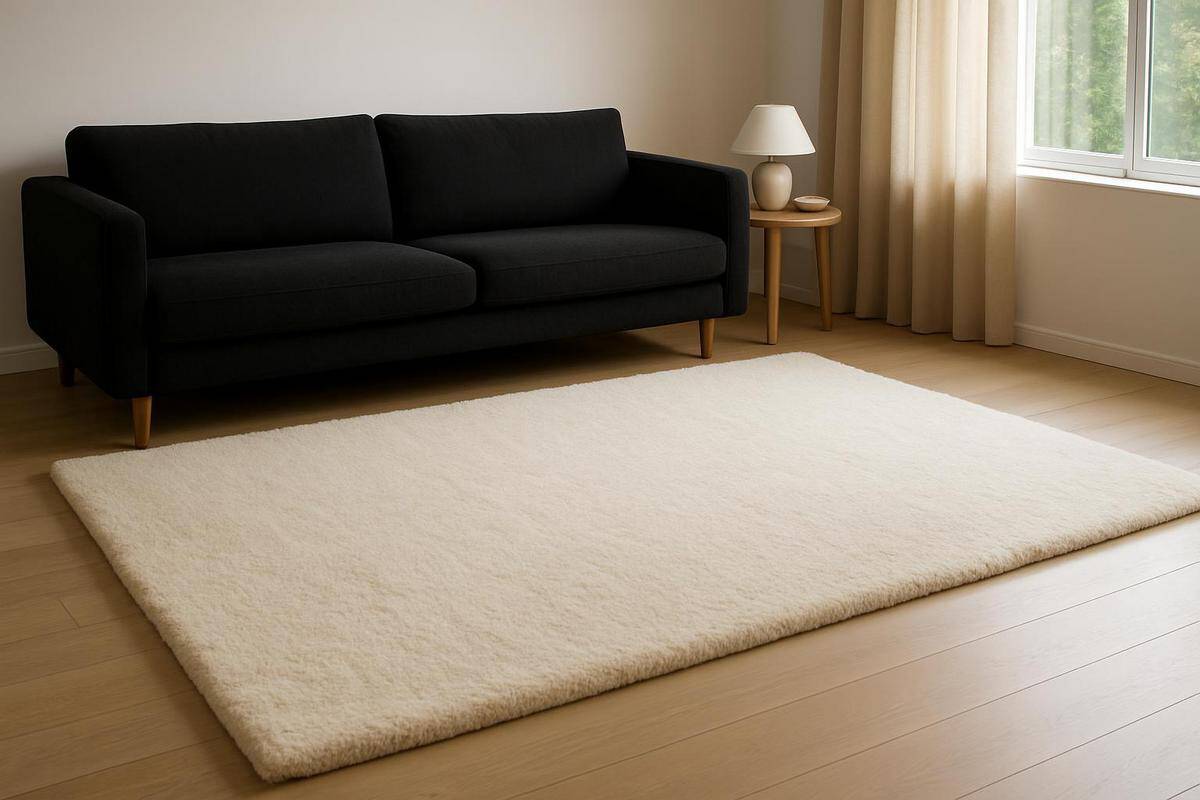 Tapis clair en laine naturelle ivoire blanc cassé grand format pour contraster le noir du canapé salon