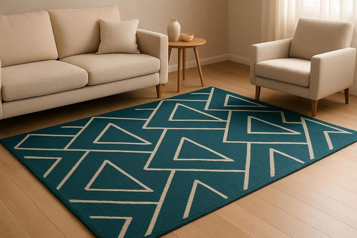 petit tapis à motifs géométriques bleu canard dans un salon beige, idée déco association couleurs contrastées
