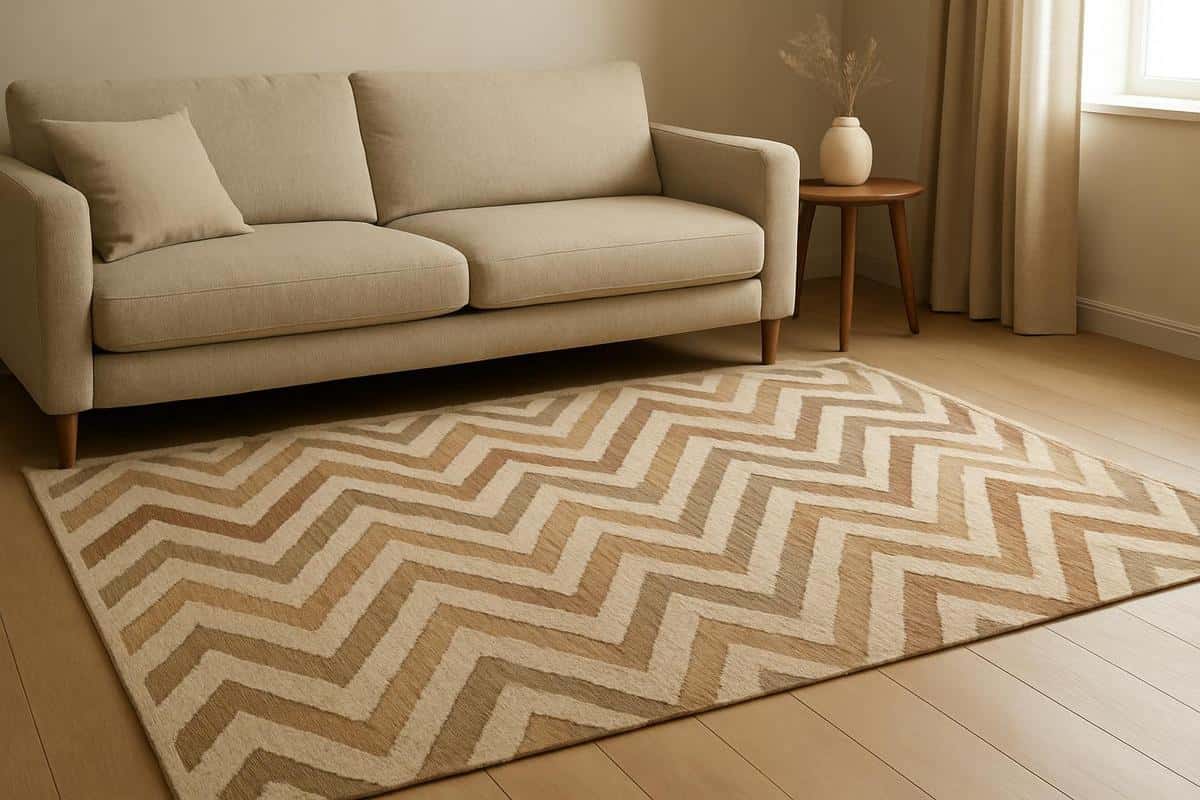 tapis géométrique laine kilim motif chevron salon beige 160x230 idée déco ancrage canapé