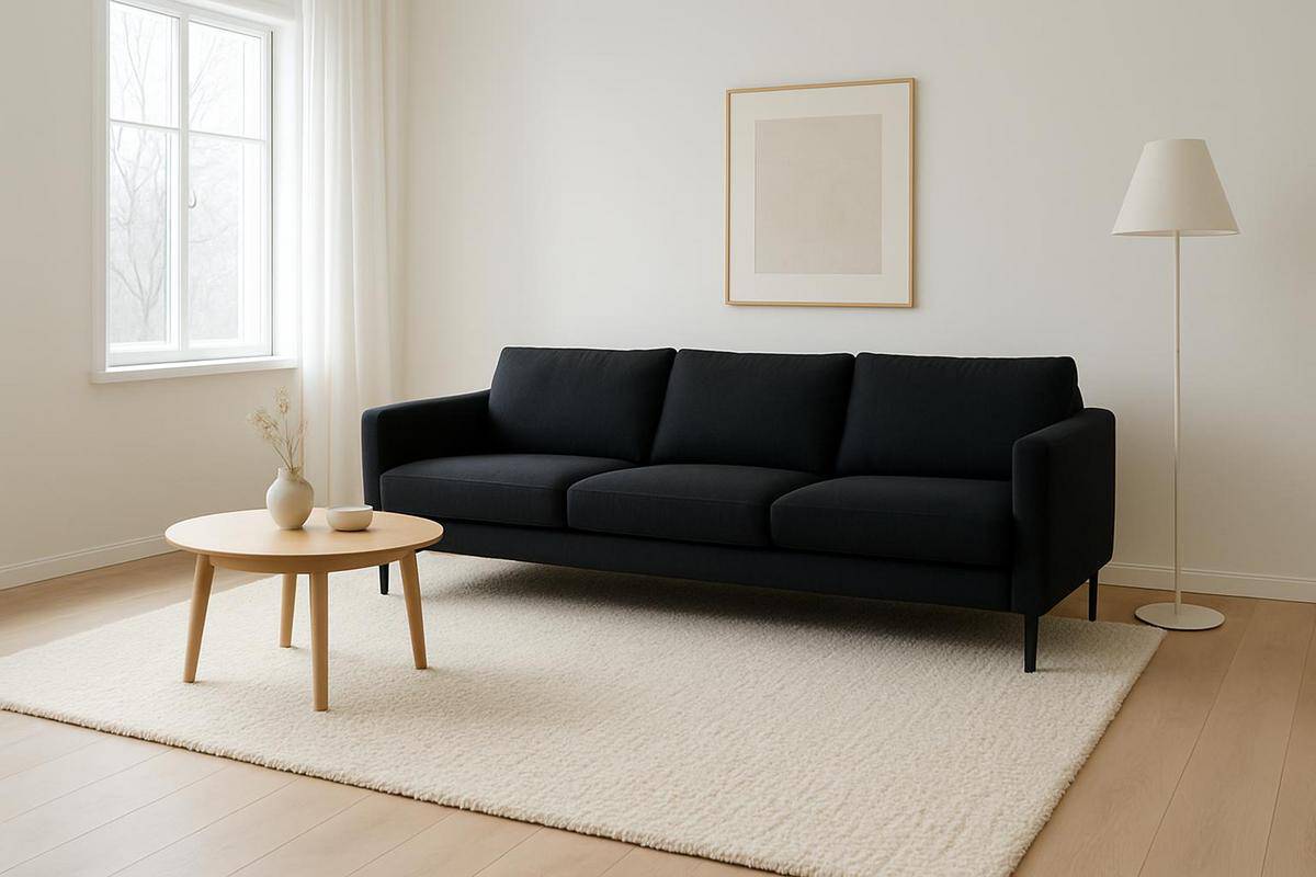 grand tapis laine ivoire salon blanc style scandinave canapé noir parquet chêne blanchi profiter lumière naturelle