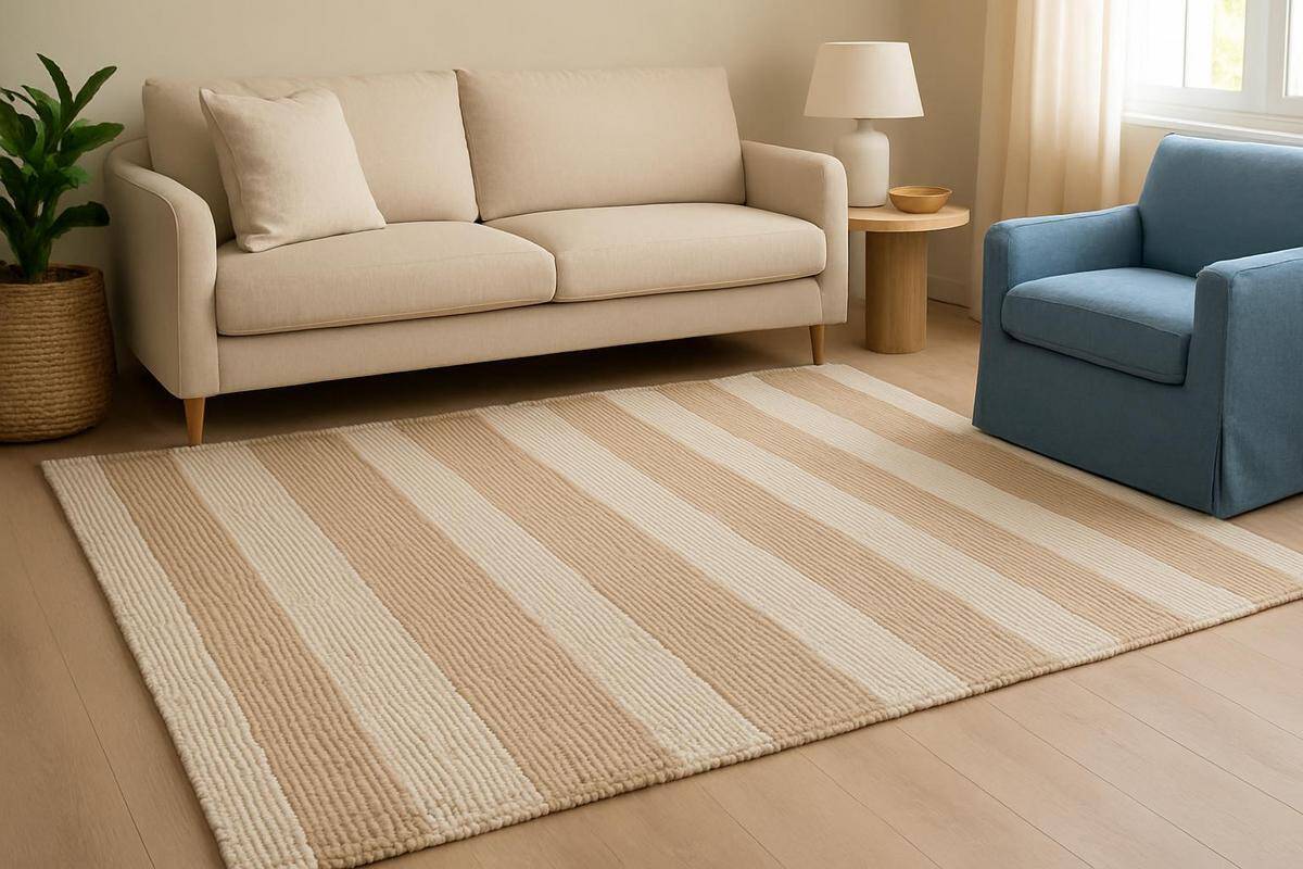 tapis rayé chaîne coton teintes sable écru nude style bord de mer chic idée déco salon beige et bleu