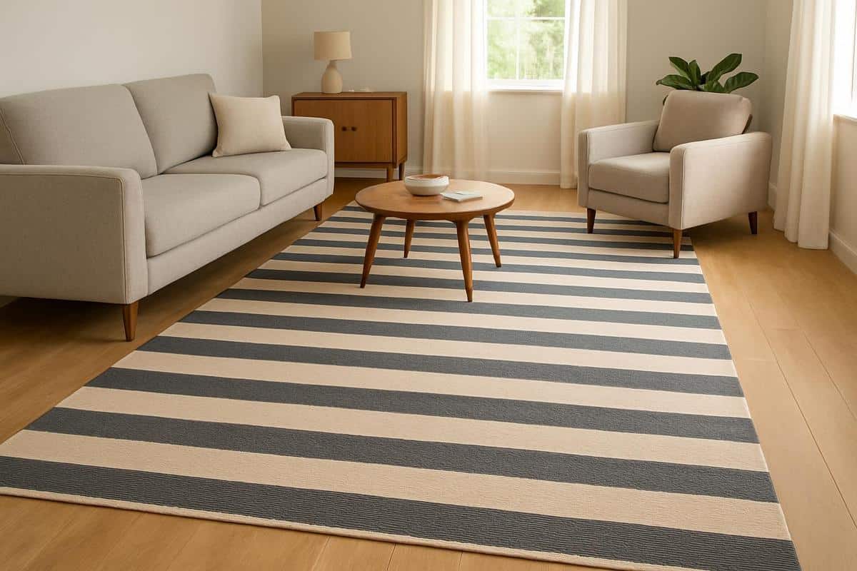 grand tapis 200x300 cm à rayures transversales pour élargir visuellement un salon long et étroit