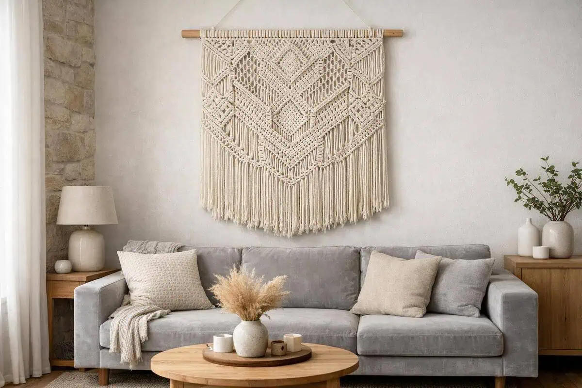 Tenture murale en macramé coton peigné avec franges, décoration artisanale murale pour salon bohème scandinave minimaliste