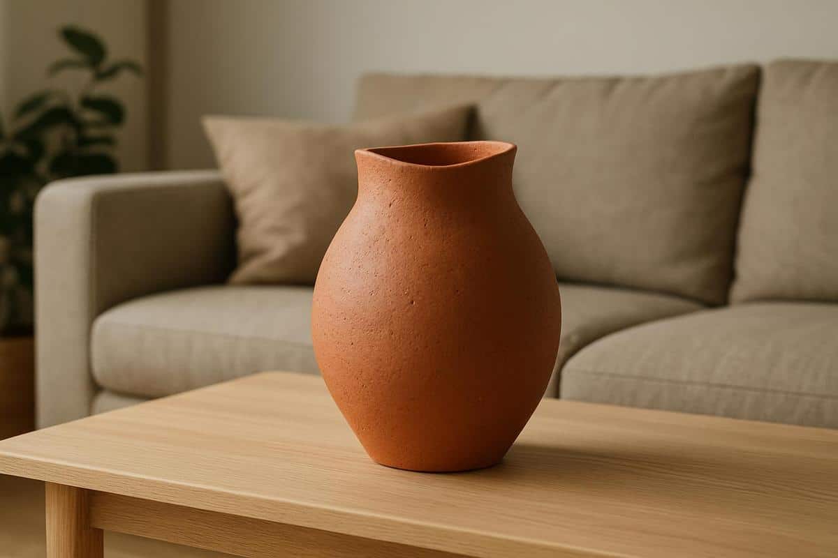 vase céramique artisanale en grès brut col asymétrique ton terracotta pour salon tendance décoration 2026