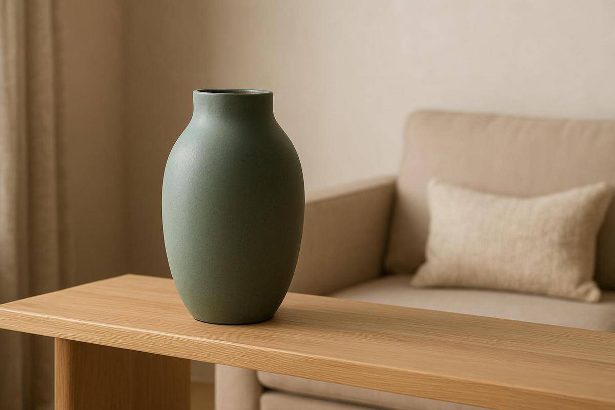 vase en grès émaillé vert sauge sur étagère salon beige, idée déco objet céramique naturel
