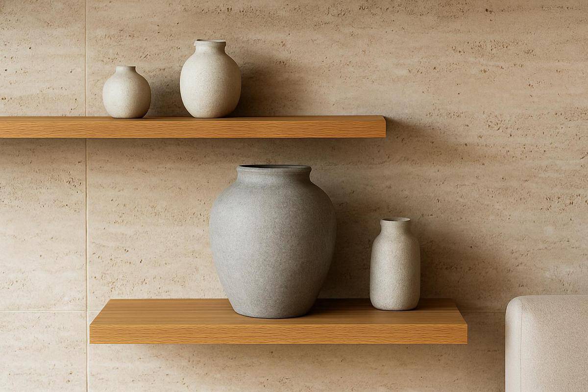 vase en grès émaillé stone wash sur étagère chêne massif idée déco salon beige naturel travertin