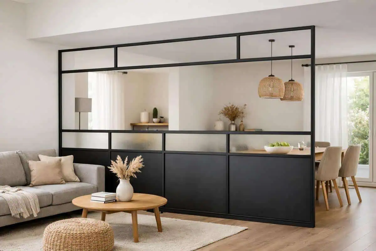 Verrière acier noir délimiter espaces salon salle à manger créer ouvertures sans perdre lumière naturelle