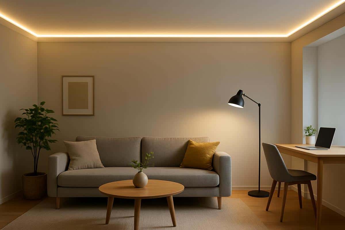 zoning lumineux LED par température de couleur dans un petit salon avec bande LED périphérique sur corniche de plafond