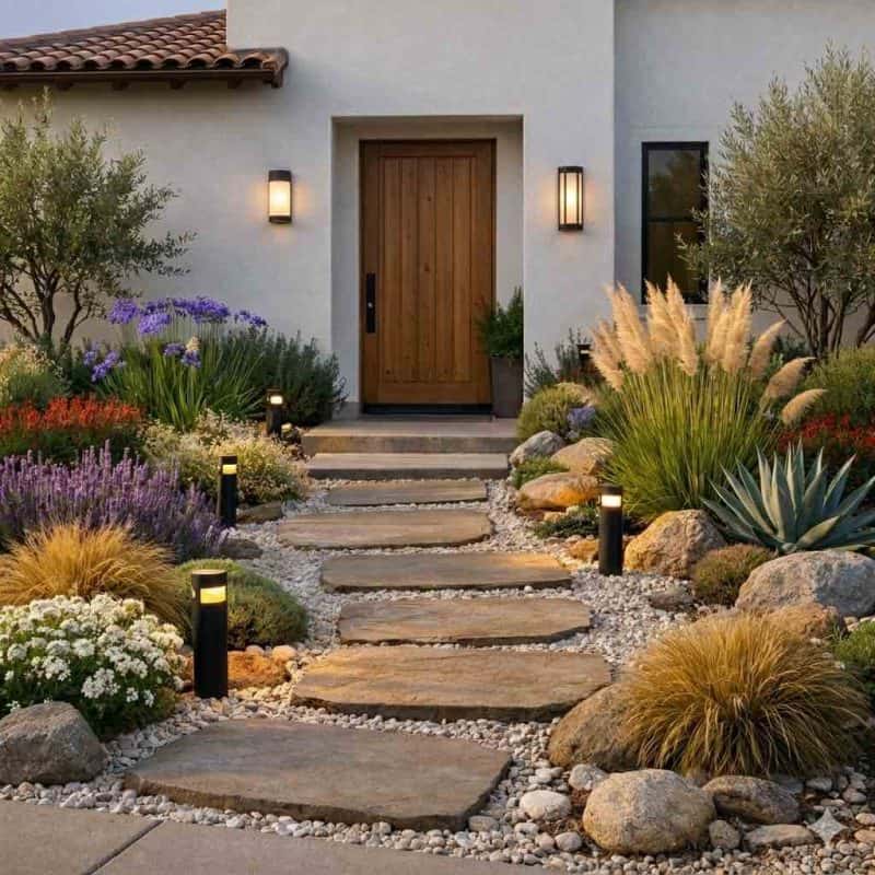 idée jardin devant maison en façade plein soleil avec plantes vivaces et éclairage extérieur entrée