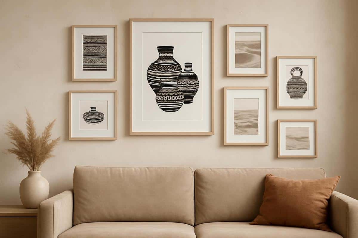 Cadres bois clair illustrations ethniques noirs blanc poteries africaines œuvres art decoration salon boheme