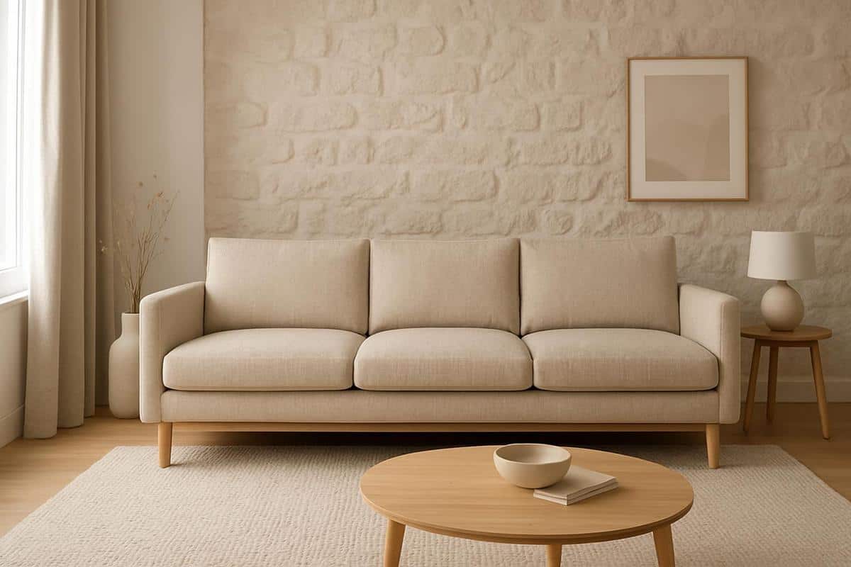 canapé confortable lin beige avec pieds bois naturel, design minimaliste salon scandinave