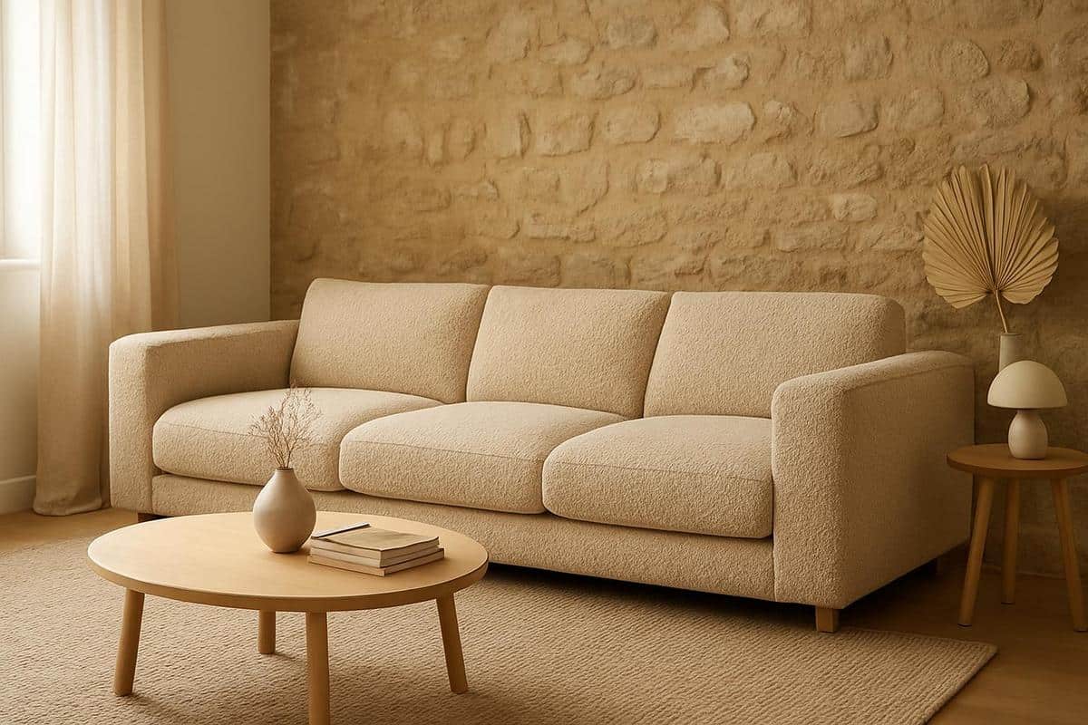 canape modulable trois places en lin boucle beige avec assise profonde 65 70 cm et pieds bois naturel, mobilier boheme confortable