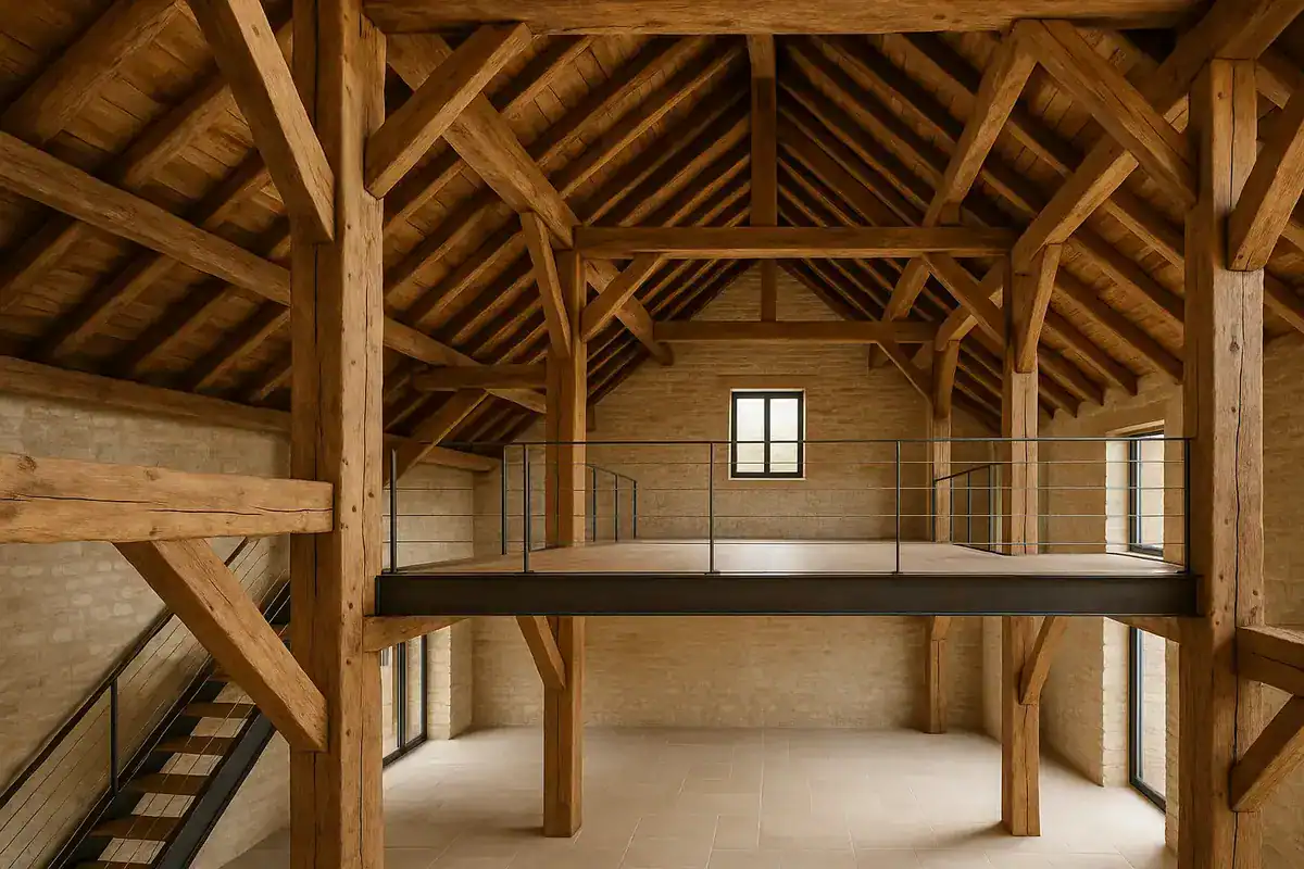 charpente bois apparente poutres massives mezzanine amenagement grange authenticite rustique