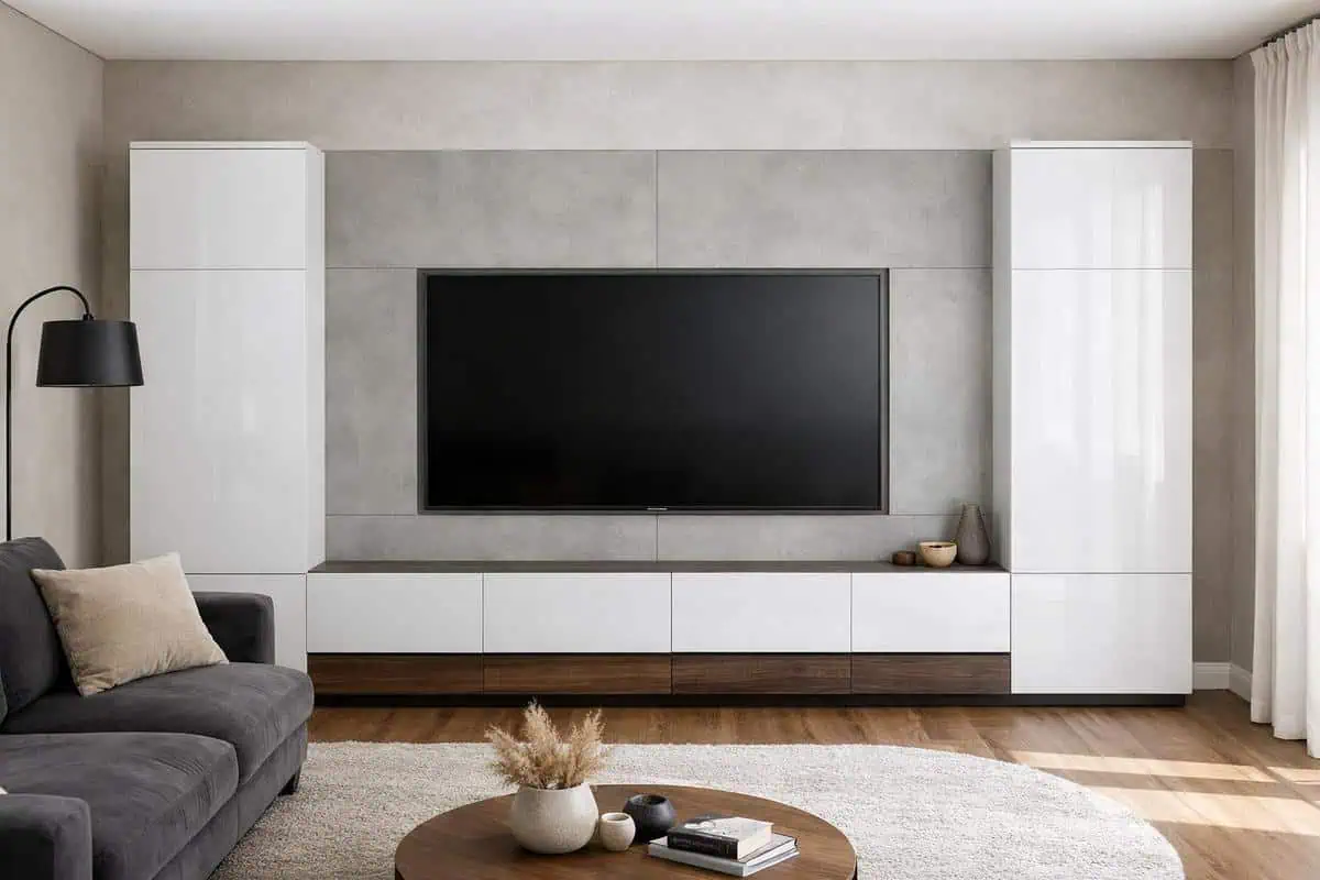 Colonne intégrée électroménager mur TV unifié façade continue salon minimaliste laqué mat