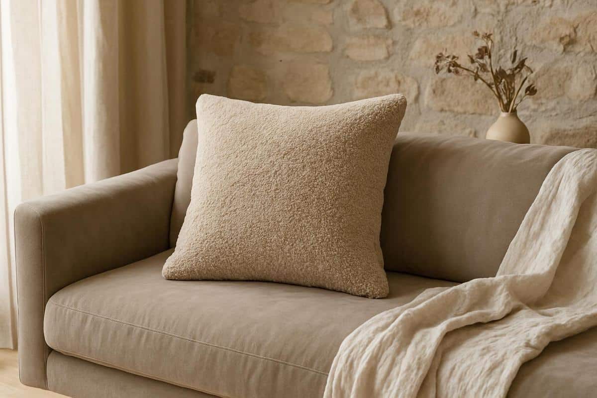 Ensemble coussins moelleux bouclette lin taupe beige greige 50x50 30x50 pour canapé decoration salon