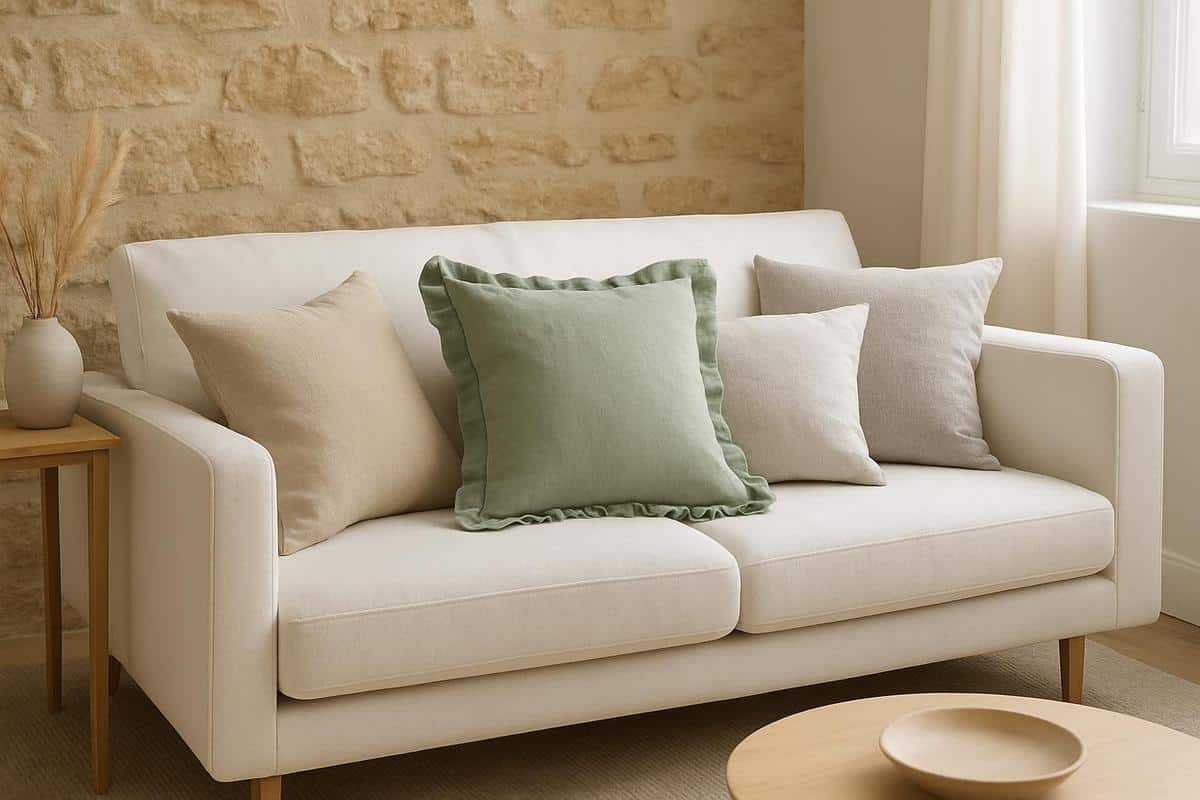 Coussins en lin lavé teinte sauge beige et gris pastel pour ambiance lumineuse palette douce style scandinave salon