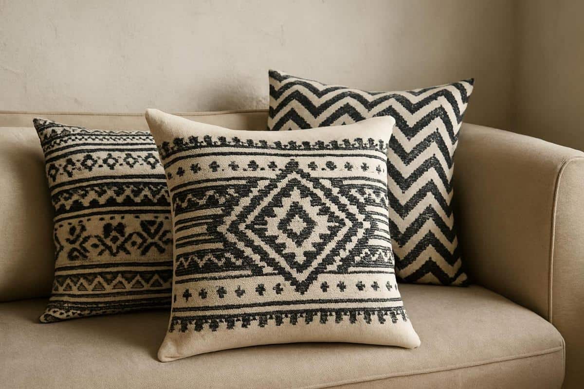 Coussins imprimés motifs geometriques ethniques block print accessoires decoration boheme scandinave