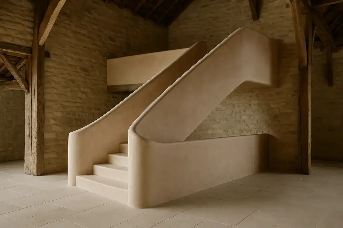 Escalier sculpture en tadelakt avec garde-corps moulé créant continuité monolithique pour aménagement grange
