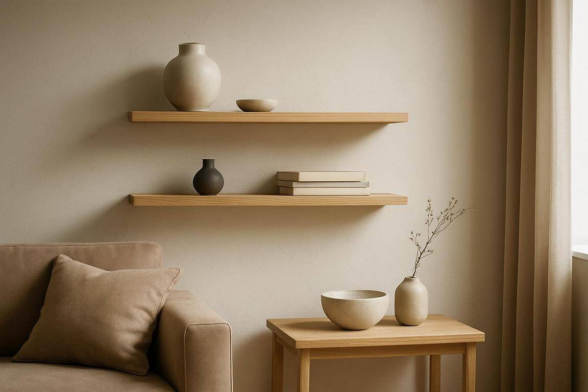 Étagères murales en bois clair bouleau et chêne massif pour décoration salon scandinave avec matériaux naturels