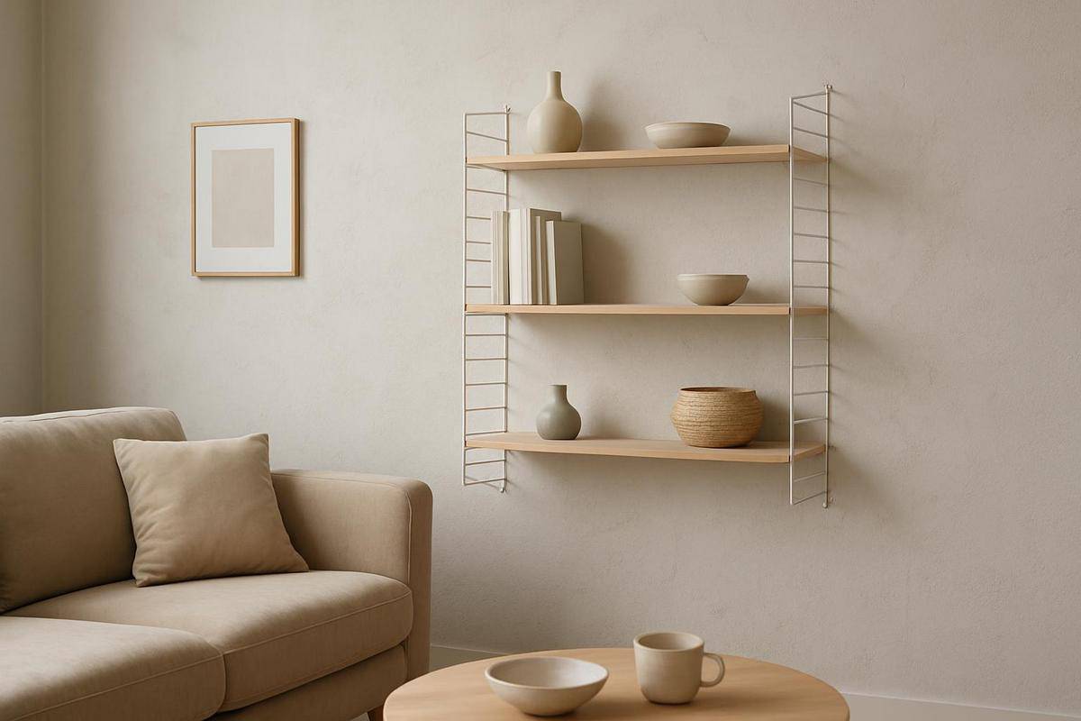 Étagères murales en bois clair modulables pour rangements intégrés et aménagement ouvert en style scandinave