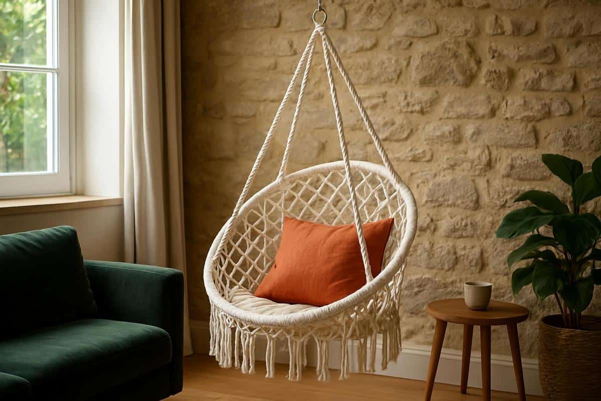 fauteuil suspendu en rotin naturel et macrame blanc avec coussin lin terracotta, siege boheme style salon cocooning