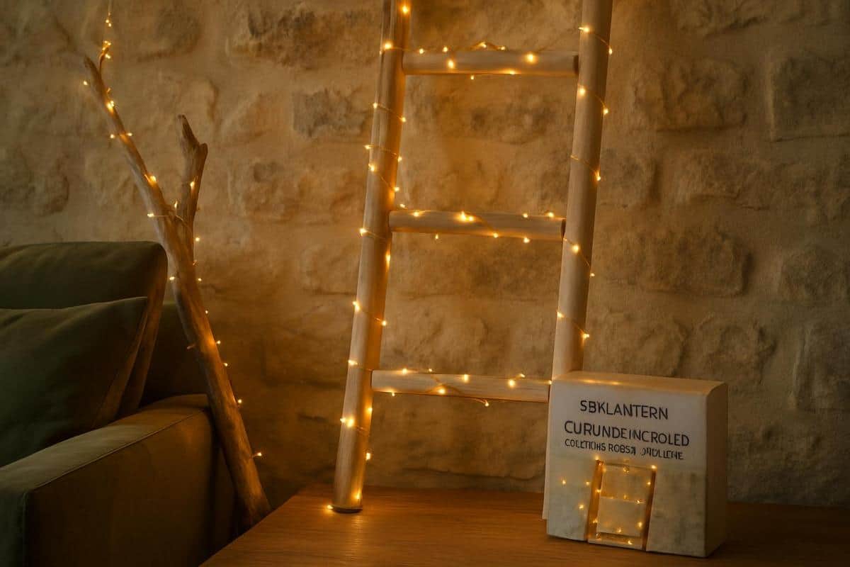Guirlande LED pompons coton mini LED blanches chaudes, fil cuivre ambiance lumineuse boheme salon