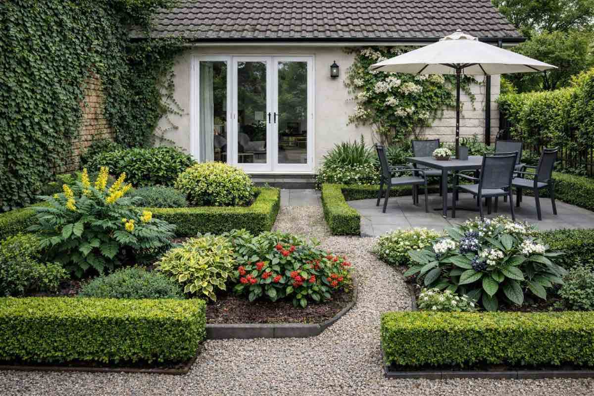 idée jardin devant maison façade nord avec plantes grimpantes et plantes persistantes brise-vue